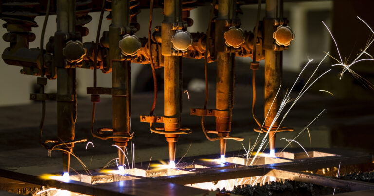 CNC LPG cutting with sparks close up